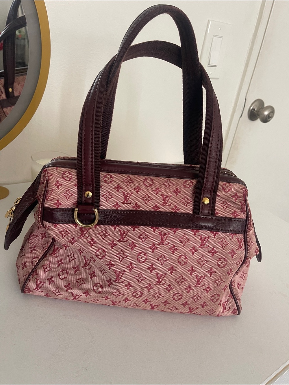 Louis Vuitton Pink Monogram Satchel with Burgundy Trim